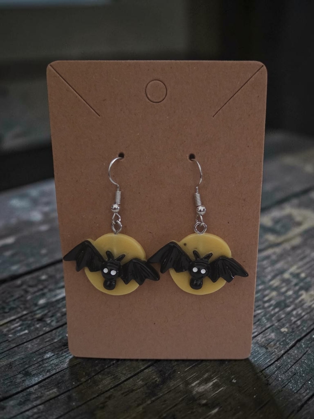 Black Bat on Yellow Moon Earrings